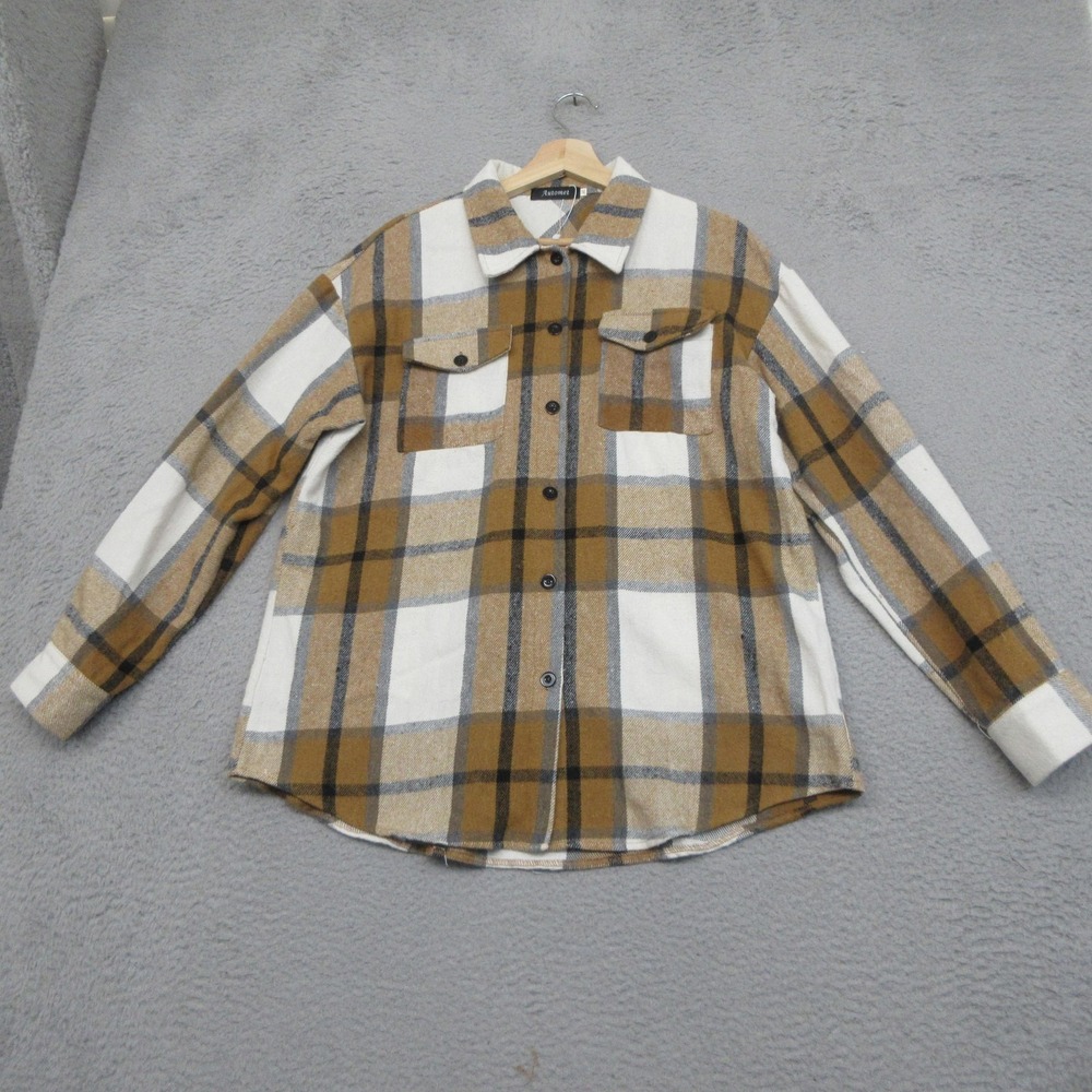 Plaid Oversized Shacket Women M Tan White Flannel Shirt Jacket Pockets Automet - Picture 3 of 16